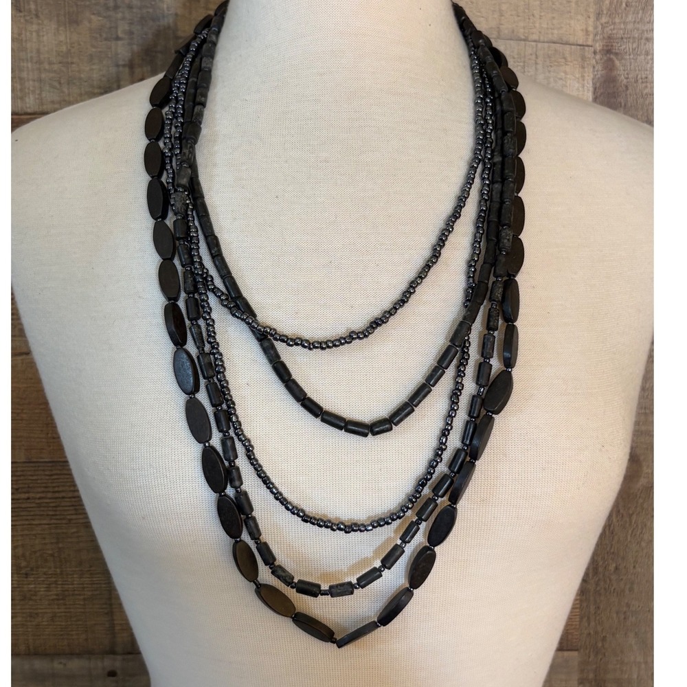 Black Multi Strand Wood Bead Bib Necklace 5 Layer Boho Statement